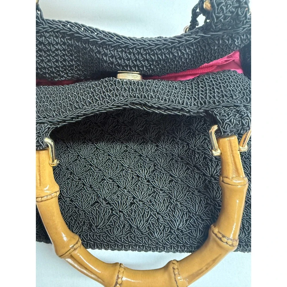 Liz Claiborne Black Woven Bamboo Handle Satchel Tote Handbag Pink Lining